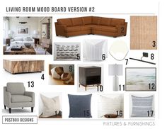 the living room mood board is shown with furniture and decor items, including couches, lamps