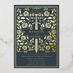 Celebrate your special day with this Royal Medieval Sword Wedding design. The design on the back of the invite is NOT real gold foil. You can customize this further by clicking on the "PERSONALIZE" button. Medieval Wedding Theme, Zelda Wedding, Invitation Examples, Medieval Wedding, Swords Medieval, Foil Wedding Invitations, Fantasy Wedding, Foil Invitations, Online Invitations