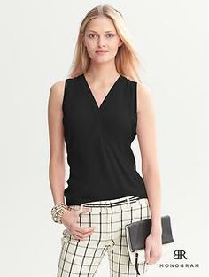 BR Monogram Draped Wrap Top Fitted Sleeveless V-neck Top For Work, Elegant Sleeveless V-neck Top For Work, Elegant Sleeveless Tops For Business Casual, Elegant V-neck Tank Top For Formal Occasions, Elegant Formal V-neck Tank Top, Elegant Black V-neck Tank Top, Elegant Fitted V-neck Tank Top, Br Monogram, Wrap Tank Top