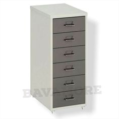 a white and grey filing cabinet with five drawers on the bottom, one door open