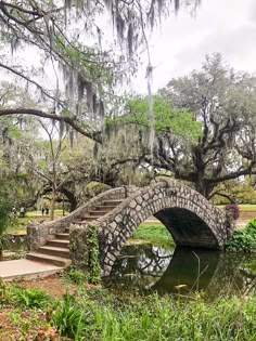 a stone bridge over a small pond with moss growing on the trees and grass around it