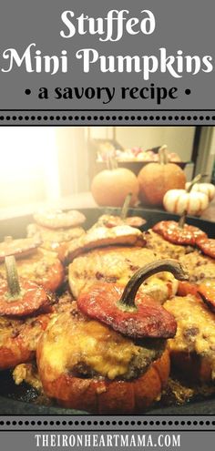 there are many different types of mini pumpkins on the table with text overlay that says, suffo mini pumpkins a savory recipe