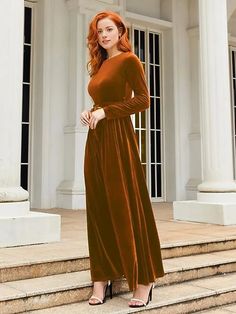 This Tie Front Round Neck Long Sleeve Maxi Dress features a basic cut with an opaque, slightly stretchy fabric. It is unlined and fabricated from 100% polyester. Machine wash and tumble dry low for best care. Product measurements: S: front length 53.4 in, shoulder 14.4 in, bust 35.9 in, waist 28.5 in, sleeve length 23 in, hip 35.9 in M: front length 53.8 in, shoulder 14.8 in, bust 37.4 in, waist 30 in, sleeve length 23.4 in, hip 37.4 in L: front length 54.2 in, shoulder 15.4 in, bust 39.8 in, wa Gold Velvet Dress, Family Tradition, Gold Velvet, Weave Style, Maxi Dress Formal, M 4, Sleeve Maxi Dress, Long Sleeve Maxi, Denim Overalls