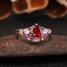 Unique Round Garnet Engagement Ring Set Vintage Moonstone - Etsy Wedding Jewelry With Center Stone Garnet, Wedding Jewelry With Garnet Center Stone, Wedding Garnet Jewelry With Center Stone, Wedding Rings With Garnet And Accent Stones, Purple Ruby Ring With Center Stone For Wedding, Wedding Ruby Jewelry With Accent Stones, Wedding Ruby Ring With Cubic Zirconia Birthstone, Wedding Ring With Lab-created Ruby Birthstone, Elegant Wedding Birthstone Ring With Stones