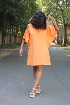 "Shift dress for women, Orange linen dress, Linen frill dress, Linen shift tunic, Made to order, Custom made, Plus size -Model height: 5'3\" wearing size S -Length: 34\" Paisley motif in front with a little sequins work. This kind of embroidery is called maggam. **Note: Free Shipping time 15-21 days. Express Shipping time 5-7 days.**" Beach Dress With Ruffle Sleeves In Cotton, Spring Linen Dress With Ruffle Sleeves, Beach Midi Dress With Ruffle Sleeves, Linen Ruffle Dress For Day Out, Flowy Mini Dress With Butterfly Sleeves, Linen Tunic Dress For Day Out, Flowy Linen Dress For Day Out, Cotton Summer Dress With Butterfly Sleeves, Summer Cotton Dress With Butterfly Sleeves