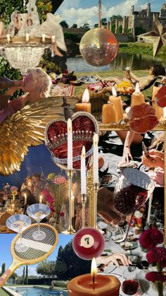 a collage of photos with candles, flowers and other things in them that are floating