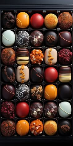 a box filled with lots of different types of chocolates