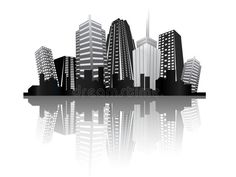 a black and white cityscape with skyscrapers reflected in the water on a white background