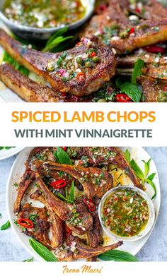 grilled lamb chops with mint vinnagrette sauce on a white plate