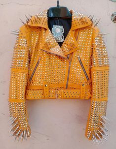 New Women's Punk Rock Full Long Spiked Studded Brando Rusty Leather Jacket on Storenvy Orange Splash, Jacket Ideas, Drag King, Studded Jacket, Chic Leather, Emo Fashion, Workout Jacket, Leather Coat, Beautiful Fashion