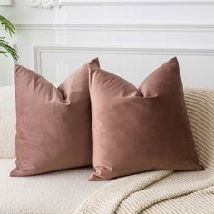 two brown pillows sitting on top of a white couch next to a potted plant