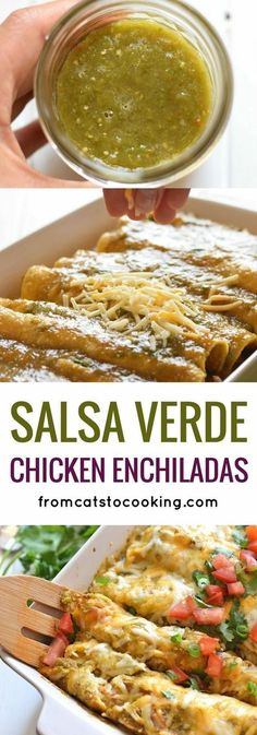 salsa verde chicken enchiladas in a casserole dish