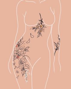 a drawing of a woman with flowers on her stomach and arm tattoo design by person