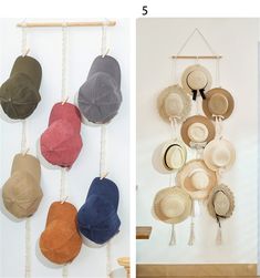 hats are hanging on the wall next to each other in different colors and sizes,