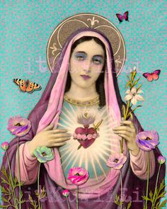 the immaculate mary with flowers and butterflies