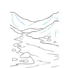 a drawing of mountains and water with rocks