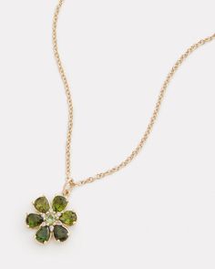 18K Yellow Gold Floral Pendant Necklace with Green Tourmaline and Diamonds, .06 TCW   16 Inches, Pendant is 5/8 Inch Diameter Style# YNSFGTW Floral Pendant Necklace, Round Necklace, Floral Pendant, Oval Ring, Oval Rings, Bracelet Collection, Gold Floral, Green Tourmaline, Pink Tourmaline