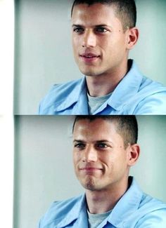 three pictures of a man with short hair and blue shirt looking at the same person