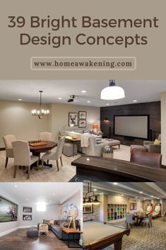 a living room and dining room are shown with the words, 39 bright basement design concepts