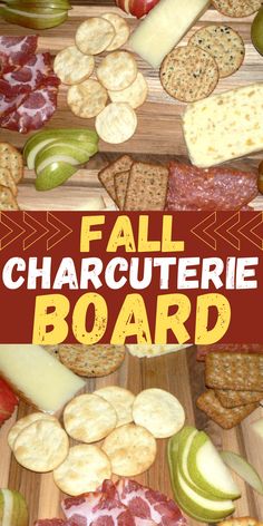 the fall charcuterie board is full of cheeses, crackers and apples