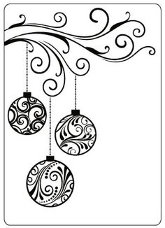 three ornaments hanging from a tree branch with swirly designs on it's sides