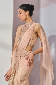 Peach draped concept saree with pearl embroidered panels. Comes with a pearl detailed blouse. - Aza Fashions Concept Saree, Pearl Blouse, Peach Blouse, Drape Saree, Tarun Tahiliani, Band Collar, Aza Fashion, Saree, Band