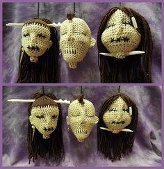 crocheted doll heads with long hair and facial expressions are shown in three different ways