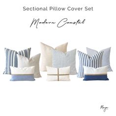 four pillows with blue and white stripes on them