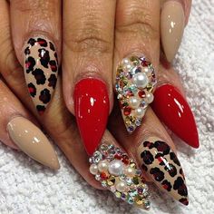 Nails With One Accent Nail, Birthday Bling Nails, One Accent Nail, Splatter Nails, Artistic Nails, Junk Nails, Red Birthday, Sassy Nails, Leopard Print Nails