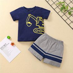 Baby Boy Vehicle Pattern Suit T-Shirt & shorts - PrettyKid Blue Short Sleeve Sets With Letter Print, Cartoon Print Cotton Short Sets, Cotton Cartoon Print Short Sets, Summer Sets With Cartoon Print And Shorts, Blue Letter Print Summer Sets, Blue Summer Sets With Letter Print, Summer Blue Sets With Letter Print, Cotton Short Sleeve Playwear Sets, Cotton Short Sleeve Sets For Playwear