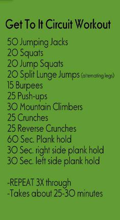 a green workout poster with the words get to it circuit workout on it's side