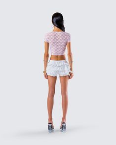 Very cutesy, very demure 😊 Sweeten things up in this playful two-piece set featuring a pink lace top and a white ruffle bloomer mini skort 🎀 Pink Ruffled Lace Top, Pink Lace Top With Ruffles, Flirty White Bottoms With Lace Trim, Flirty Lace Top For Summer, Pink Lace Top With Ruffles For Spring, Feminine Party Shorts, Feminine Ruffled Crop Top, Feminine Fitted Shorts For Party, Feminine Fitted Party Shorts