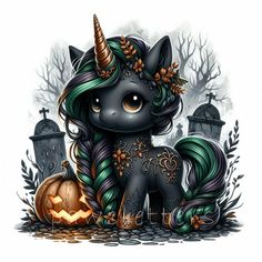 a cute little pony with green hair sitting next to a jack - o'- lantern