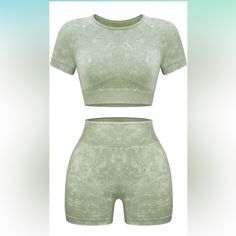 Nwt Seamless Acid Wash Yoga Shorts & Crop Top Matching Set Size Medium (2-4) Seamless Yoga Bottoms, Green Sports Sets With Short Sleeves, Green Short Workout Tops, Green Short Sleeve Sports Sets, Green Short Length Workout Tops, Green Fitted Short Sets, Fitted Green Sets With Short Length, Green Fitted Workout Sets, Shorts Crop Top