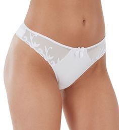 Cute, chic thong panty has a comfortable mid rise fit. Features semi-sheer mesh insets at front with lovely guipure lace designs across the front. Made of cotton, polyester, nylon and elastane. Sewn-on elastic waistband maintains a custom fit. Satin bow at front of waist. Solid center front has sheer mesh insets at sides with scalloped edges and embroidery Soft, sewn-on elastic edges on crotch panel. Mid rise. Thong panty provides minimal rear coverage. Laser-cut edges at back thong band. Sewn-o White Sheer Mesh Bottoms, Elegant Sheer Mesh Bottoms, Elegant White Sheer Bottoms, Feminine Sheer White Bottoms, Lace Designs, Simone Perele, Guipure Lace, Scalloped Edges, Satin Bow