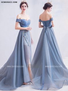 Prom Season Evening Dress With Long Train, Blue Off-shoulder Gown For Prom, Blue Prom Dress With Detachable Train, Blue Off-shoulder Prom Gown, Off-shoulder Prom Gown With Sweep Train, Fitted Off-shoulder Evening Dress For Debutante Ball, Off-shoulder Gown With Sweep Train For Prom, Blue Off-shoulder Prom Evening Dress, Light Blue Floor-length Evening Dress For Homecoming