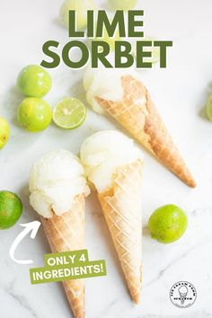 Three waffle ice cream cones laying down holding one scoop of lime sorbet each with key lime scattered around them. Lime Sorbet Recipe, Lime Dessert Recipes, Watermelon Sorbet Recipes, Ice Cream From Scratch, 3 Ingredient Ice Cream, Homemade Sorbet, Sorbet Recipe, Lime Sorbet