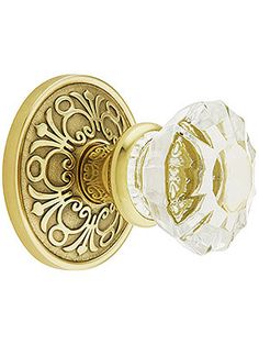 an ornate brass door handle with glass knob