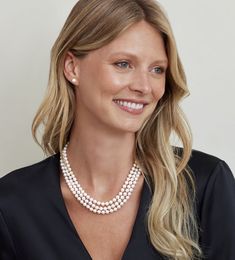 Triple Strand White Akoya Pearl Necklace Triple Pearl Necklace, Pearl Necklace Outfit Classic, Pearl Necklace Outfit, Black Jewelry Box, Heart Engagement, Akoya Pearl Necklace, Necklace Outfit, Wear Pearls, Pearl Necklace Designs