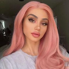 NHA Light Rose Pink Wavy Lace Front Wig Virgin Human Hair Lace Front Wig Pink 150%Density 18" Kim Pink Hair, T Part Wig, Straight Human Hair Wig, Bangs Ponytail, Hair Care Oil, Green Wig, Wig Straight, Human Hair Color, Pink Wig