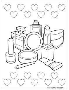 a coloring page with hearts and makeup items