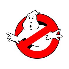 a ghost with arms out in front of a red sign that says, no ghost