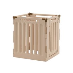 a beige plastic crate with two handles and no lid on the bottom, sitting against a white background