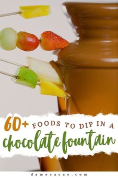 the words, 60 + foods to dip in a chocolate fountain