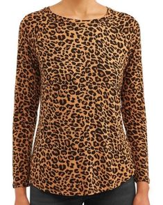 Time and Tru Women Small Shirt Leopard Print Long Sleeve Round Hem Rayon Spandex Stretch Leopard Print Blouse For Fall, Stretch Leopard Print Tops For Fall, Leopard Print Stretch Tops For Spring, Leopard Print Crew Neck Top For Winter, Spring Stretch Leopard Print Tops, Casual Stretch Leopard Print Blouse, Casual Stretch Blouse For Fall, Fitted Casual Leopard Print Tops, Stretch Blouse For Layering In Fall