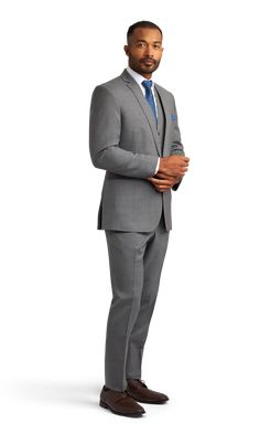 A slim grey suit with one button and a notch lapel. Black Suit Shoes, Gray Wool Coat, Grey Suit, Brown Suits, Suit Shoes, Gray Suit, Tie Colors, Suits Coats, Black Suits