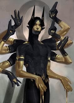 a digital painting of a woman dressed in black and gold holding her hands up to the side