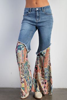 Unleash your inner fashionista with Bandana Flares. These print bottom flare jeans will add a unique and stylish touch to any outfit. Embrace the flare trend and stand out from the crowd. Available in a variety of prints to fit your personal style. Go ahead, make a statement! Upcycle Clothing, Upcycling Fashion, Printed Flare Pants, Paisley Bandana, Denim Clothing, Saved Pins, Bottom Jeans, Patchwork Print, Denim Patchwork