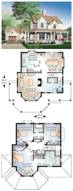 two story house plans with an open floor plan for the first and second floors,