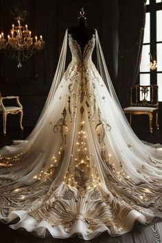 a wedding dress on display in a dark room with chandeliers and lights around it